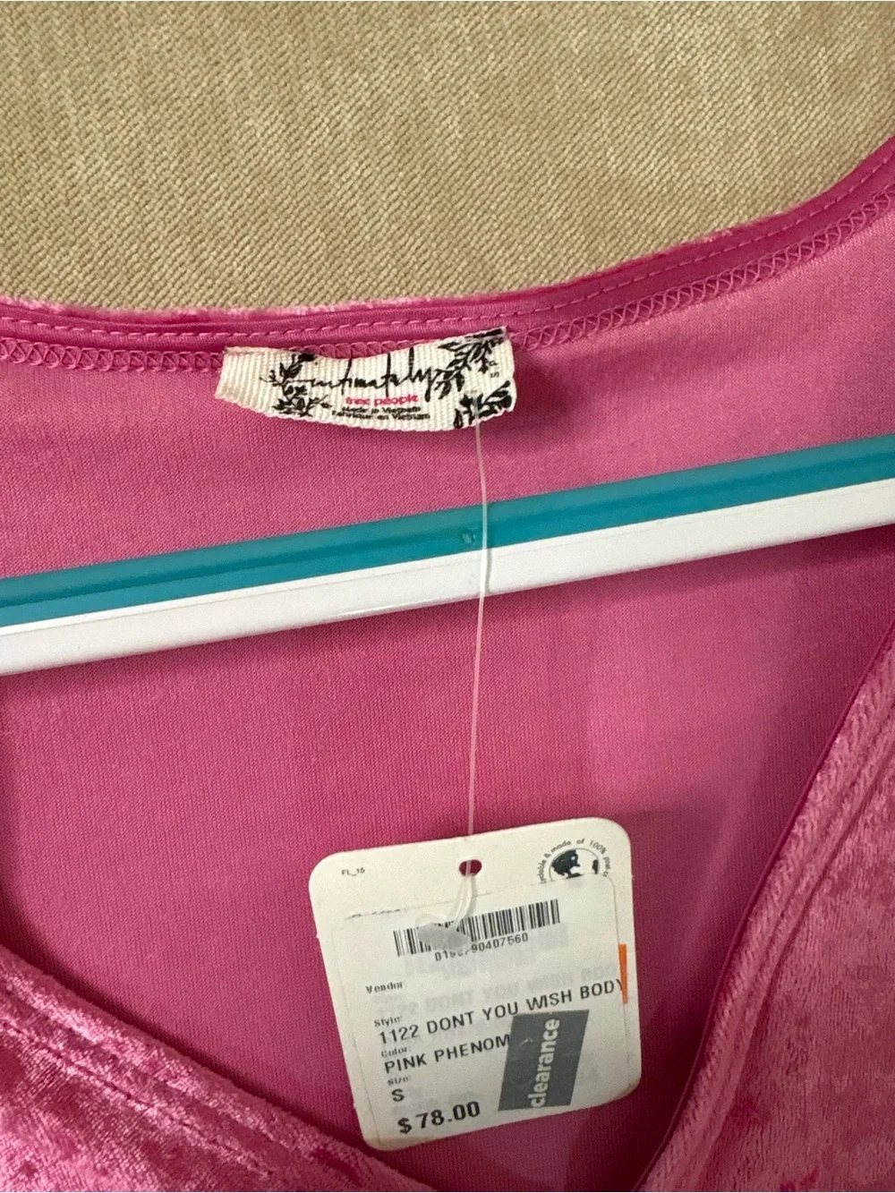 NWT Free People Pink Velvet V-Neck Bodysuit
